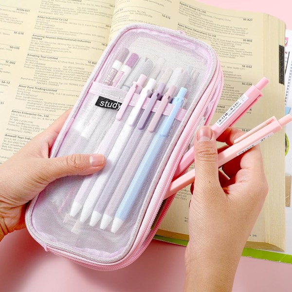 Gitternet Pencil Case Stor Kapacitet Blyantpose Transparent Makeup Pung Kosmetikpung til Studerende Skole College Kontor Pink