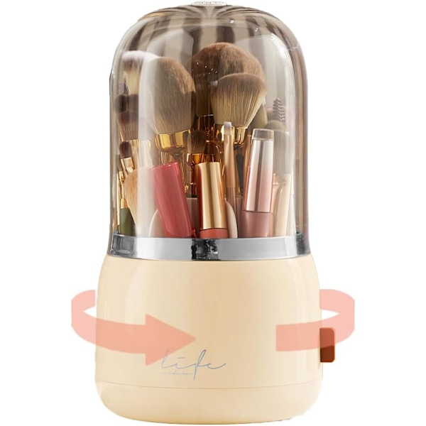 Makeup børsteholder organizer med låg 360 roterende støvtæt makeup børste organizer kosmetik opbevaring til forfængelighed og badeværelse Butter Yellow