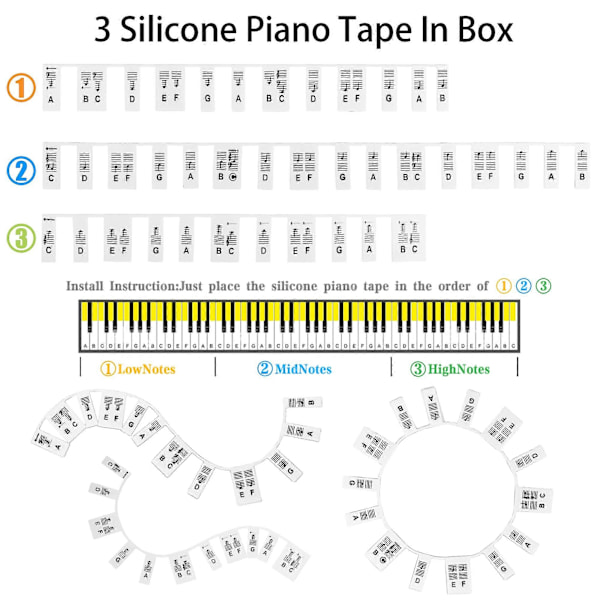 Piano Keyboard Notetiketter Avtagbar Silikon Piano Notguide Med Låda Black and White