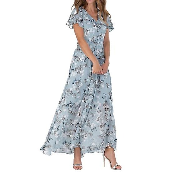 Maxiklänning Volang Kort Ärm Utsmyckning Mjuk Charmig Dam Blommig Casual Klänning Streetwear light blue M