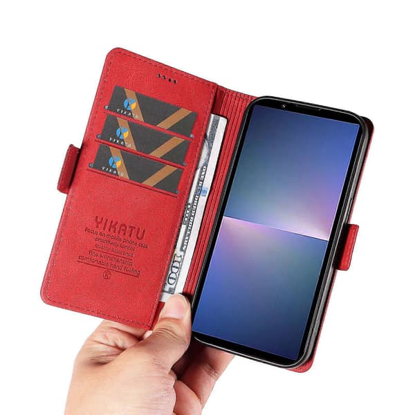För Sony Xperia 5 V Läder Telefonfodral Vikbart Ställ Plånboksfodral Red