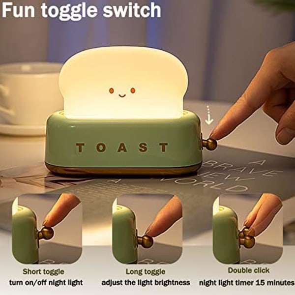 Sød Toast Lampe Brød Natlys Genopladelig, Bærbar Børns Toast Natlys Justerbar Lysstyrke Sengebordslampe Green