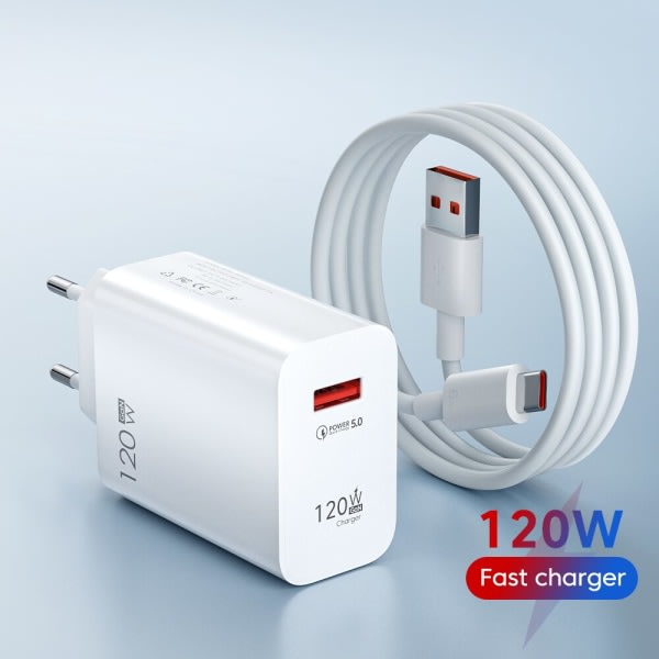 120W USB -laddare Quick Charge QC3.0 USB C-kabel Typ C-kabel Mobiltelefonladdare för Huawei Samsung Xiaomi Quick Charge EU-White-10A