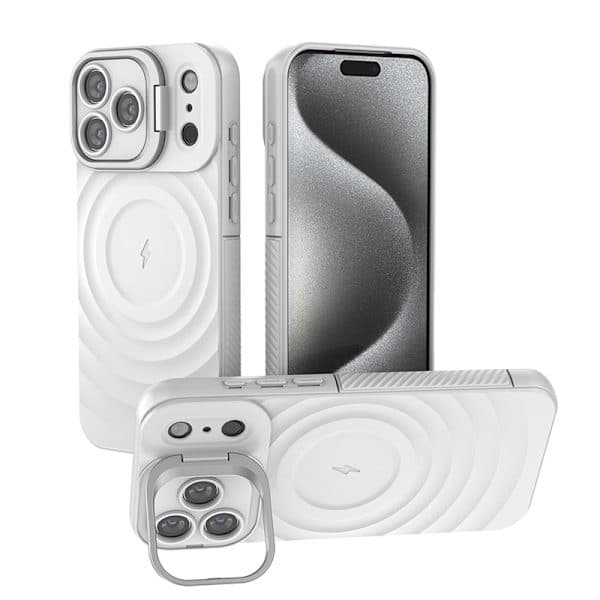 iPhone 17-fodral med stativ, korrugerad textur, fallsäkert, vitt