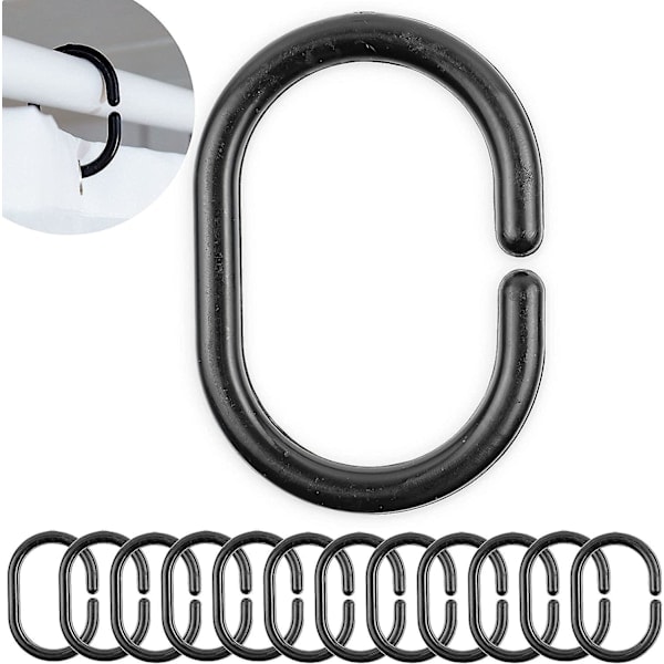 Black Shower Curtain Rings - 12-Pack, 4.6 x 2.9cm, Heavy Duty Plastic Hooks for Shower Curtain Rods