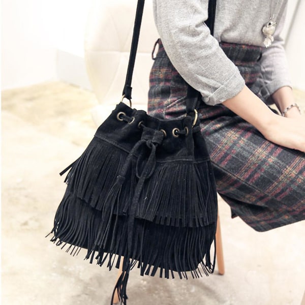Retro Faux Suede Fringe Tassels Bag Women Messenger Bag New Handbag Black