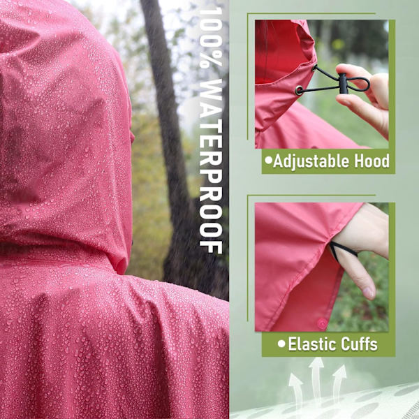 Regnfrakke til voksne, vandtæt udendørs hætte, poncho vandtæt til kvinder med lynlås, festivalponchoer vandtæt lang, vandtætte kapper plusstørrelse Rose