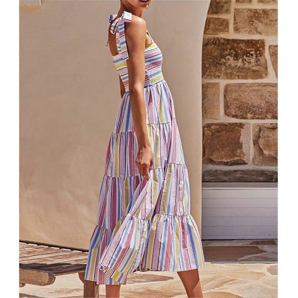 Chic Hvid Stribet Maxikjole - Sommer Casual Elegance med Printet Stil, Størrelse L