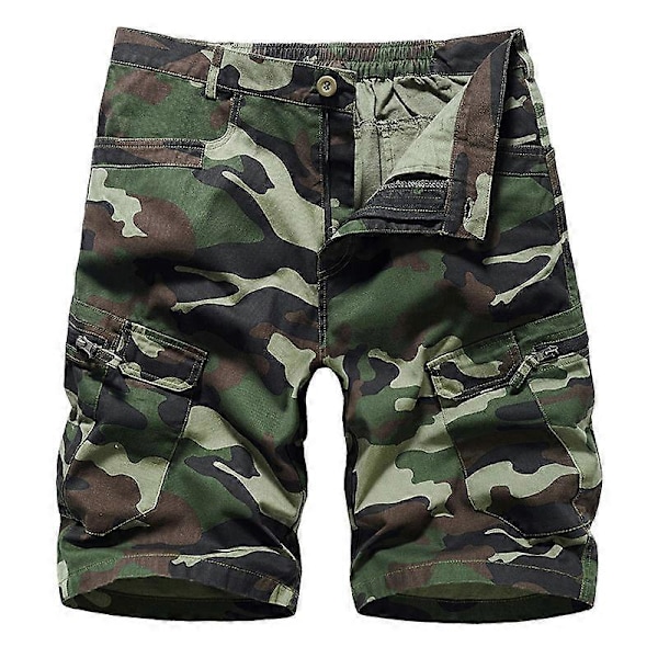 Miesten Camo Cargo -shortsit, rento istuvuus, monitoimitaskuilla, ulkoiluun - Vihreä maastokuvio thirty-six