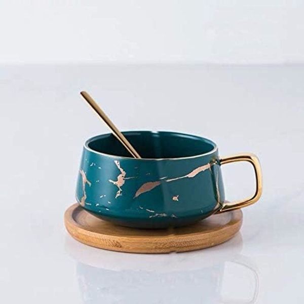 Posliininen teekuppi set iltapäiväteetä varten - marmorikuvioinen (lyhyt 301 ml + puinen lautanen)