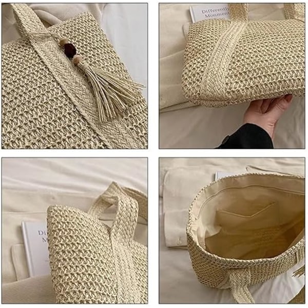 Halm Flettet Tote Taske til Kvinder Stor Kapacitet Sommer Strand Rejse Håndtaske Skuldertaske Beige