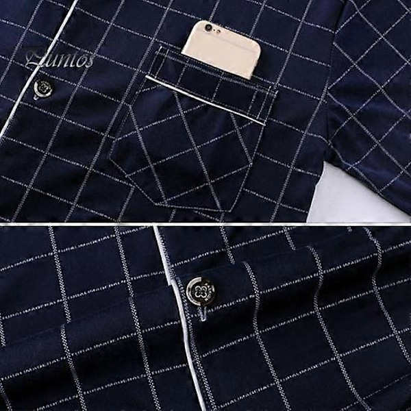 2 stk./sæt Herre Pyjamas Sæt Plaid Print Revers Langærmet Enkeltknappet Skjorte Elastisk Talje Lange Bukser Sæt Løs Pasform Loungewear Sæt dark green L