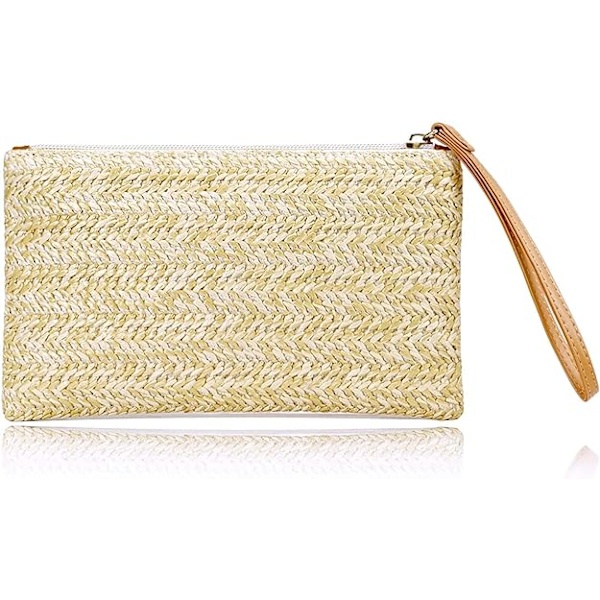 Kvindernes Halm Clutch Taske Bohemian Sommer Strandtasker Vævning Håndtaske Kvinder Håndtaske Pung Lynlås Wristlet Taske Halm Clutch Pung Halm Håndtaske
