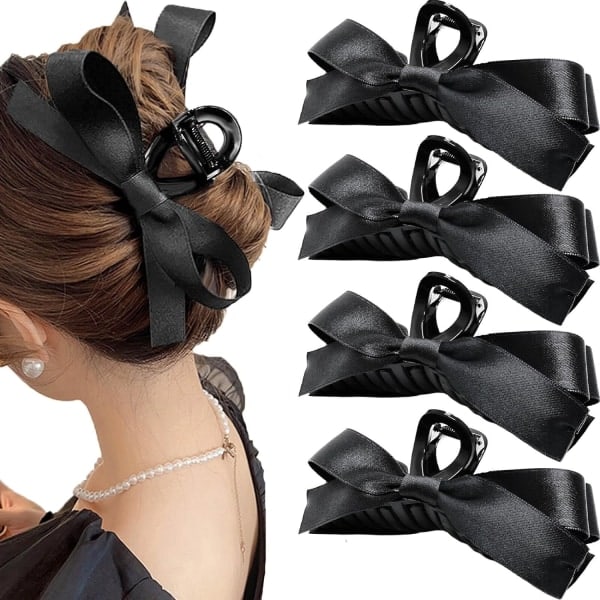4 st Sidenrosett Hårklämmor, Silkeslena Satin Hårrosetter, Stora Hår Scrunchies Tillbehör med Mjuk Rosett Knyt för Tunnt Tjockt Lockigt Hår