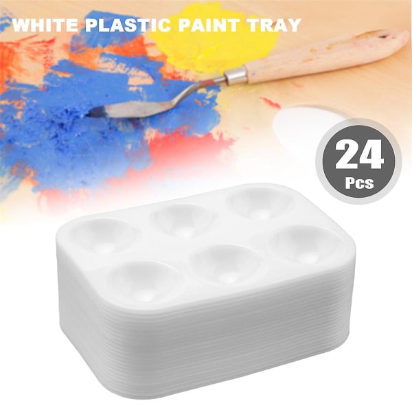 24 stykker plastmalingspaletter 6-brønns rektangulær akvarellpalett malebrett, hvit