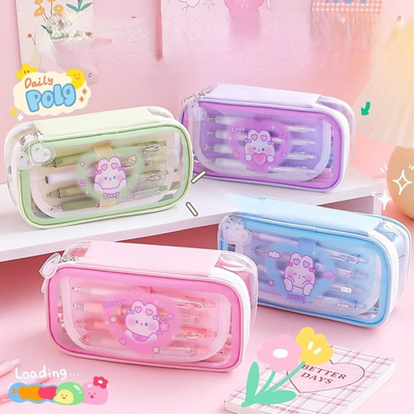 Kawaii kæde lynlås kanin print multi lag stort kapacitet gennemsigtig blyantkasse skoleartikler