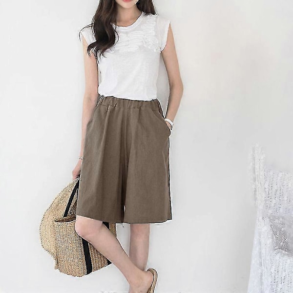 Løse bomuldshør shorts med brede ben til damer, ensfarvede shorts med elastisk talje og lommer Khaki 2XL