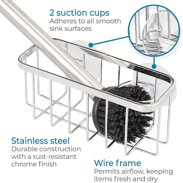 Dobbel sugekopp svamp holder - Svamp holder for svamper og metallsvamper - Polert rustfritt stål - Sølv