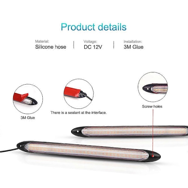 2 st LED-dagsljus för bil, vattentäta, universella, DC 12V, automatiska strålkastare, sekventiella blinkers, gula flödande dagsljus white and yellow 27.5cm