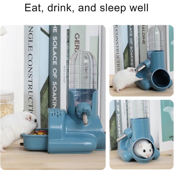 Hamster Vattenflaska, 3 i 1 Vattenflaska Automatisk Flaskdispenser med Matbehållare Bas Hydda För Hamster Mus Råtta Igelkott Blue