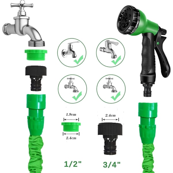 100FT Ekspanderbar hageslange, Fleksibel ekspanderende magisk slange med 3/4\", 1/2\" tilkoblinger, hageslange med 7-funksjons spraydyse Green