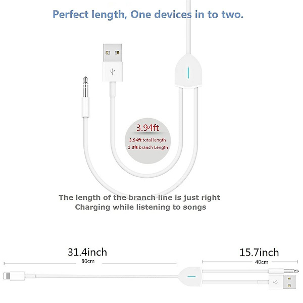 [päivitetty] 2-in-1 äänen latauskaapeli yhteensopiva iPhonen/iPadin kanssa, lataa ja toista musiikkia samanaikaisesti, tukee auton stereota/kaiuttimia/kuulokkeita