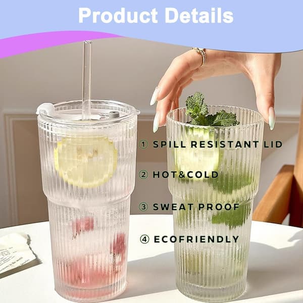 Glaskopp med lock och sugrör 600ml Kaffe Öl Resa Smoothie Muggar Läckagesäker design för kaffe, cocktail, te (1 styck)