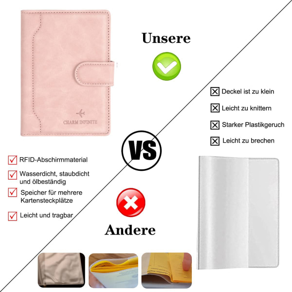 Passhållare, läder RFID-fodral med RFID-blockerare, omslag för pass, visitkort, kreditkort, (rosa)