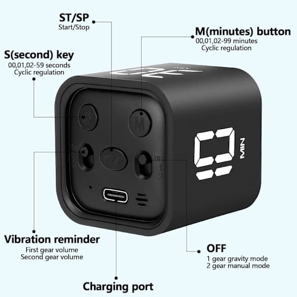 Pomodoro Timer Digital Cube Timer Kjøkken Timer Tidsstyring Brukes På Kontor, Studier, Barn, Matlaging, Trening