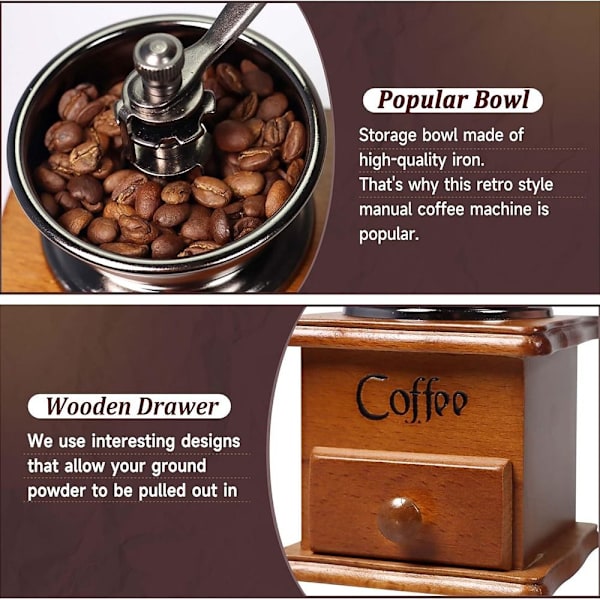 Manuell kaffekvern med kaffekopp, børste for rebabs, metallkonfigurasjon, driftsutstyr