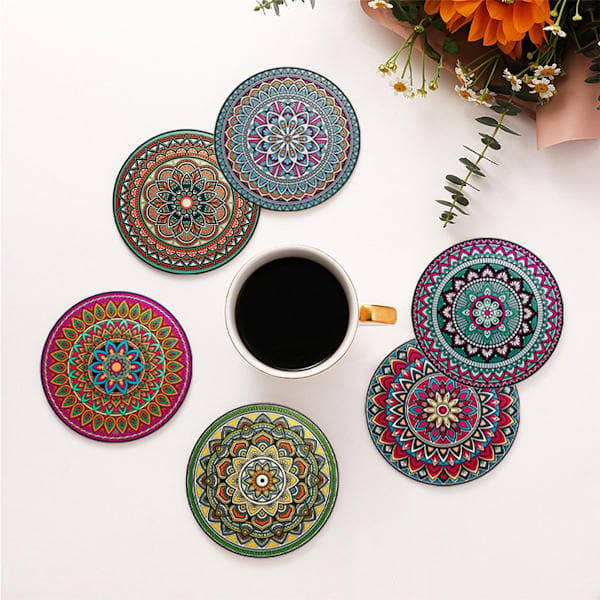 Gsedaox Coasters, korkunderlegg, 6-delt sett med mandalamønster og stativ, underleggsett