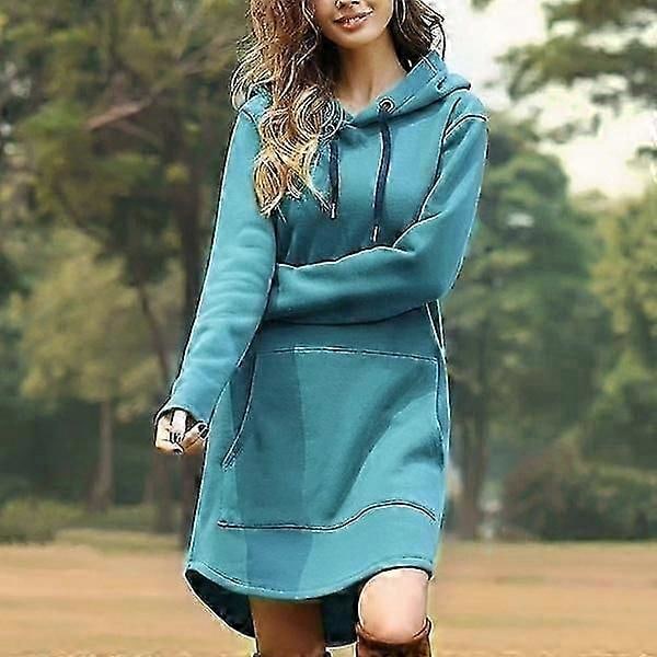 Lång Klänning med Huva Dam Plus Size Långärmad Hoodie Tröja Ledig Pullover blue 2XL