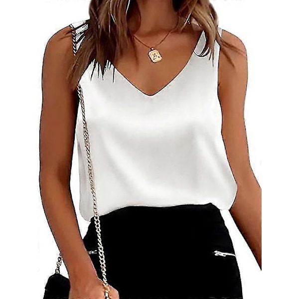 Dame Silke Satin Tanktoppe V-hals Afslappet Cami Ærmeløse Camisole Bluser White 2XL