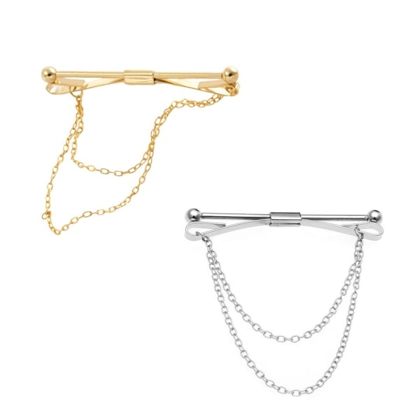 Halsklämma för herrar - 2-pack (Silver + Guld), slipsklämma för män, slipsnål för män, herrkläder, bröllop, lång kedja.