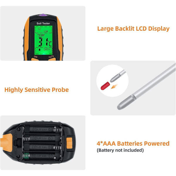 Jordmätare, 4-i-1 digital jordfuktighetsmätare med Ph/temperatur/fukt/ljus för trädgårdsskötsel, gräsmatta, jordbruk och utomhusväxter