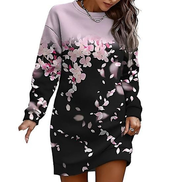Dame Høst Vinter Genser Kjole Blomsterprint Rund Hals Lange Ermer Løs Pullover Tykk Varm Middels Lengde Elastisk Mansjett Dame Vår Mini Kjole black M