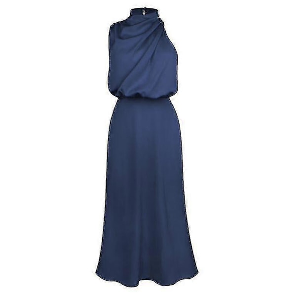 Naisten kesäinen satiininen hihaton laskostettu pitkä mekko Navy blue S