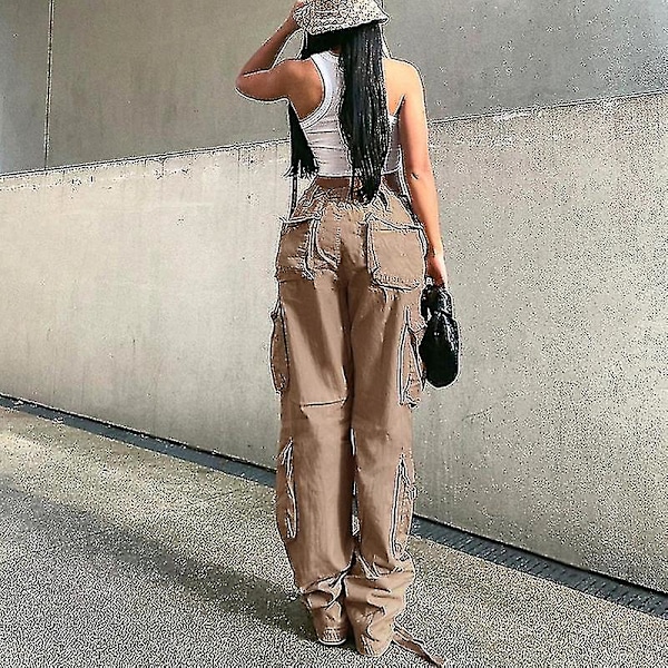 Dame Baggy Hip Hop Cargo Bukser Med Lomme Y2k Lav Talje Snøre Løse Joggingbukser Cargo Bukser Casual Sweatpants Streetwear Khaki L