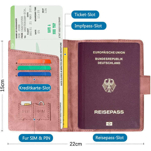 Passhållare, läder RFID-fodral med RFID-blockerare, omslag för pass, visitkort, kreditkort, (rosa)