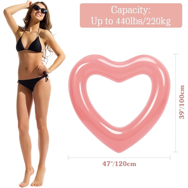 Uppblåsbara badringar, 47,3\" x 39,4\" hjärtformade flytande poolflottör liggunderlag, vattenleksaker för barn, vuxna Rose Gold