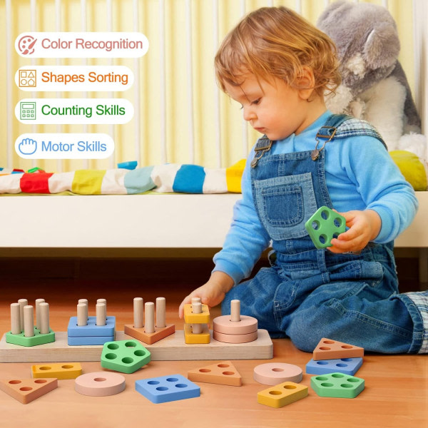 Leker for 1 2-åring, sorterings- og stableleker i tre for småbarn, stablingsblokker for babyer og farge for småbarn, førskoleleke-WELLNGS