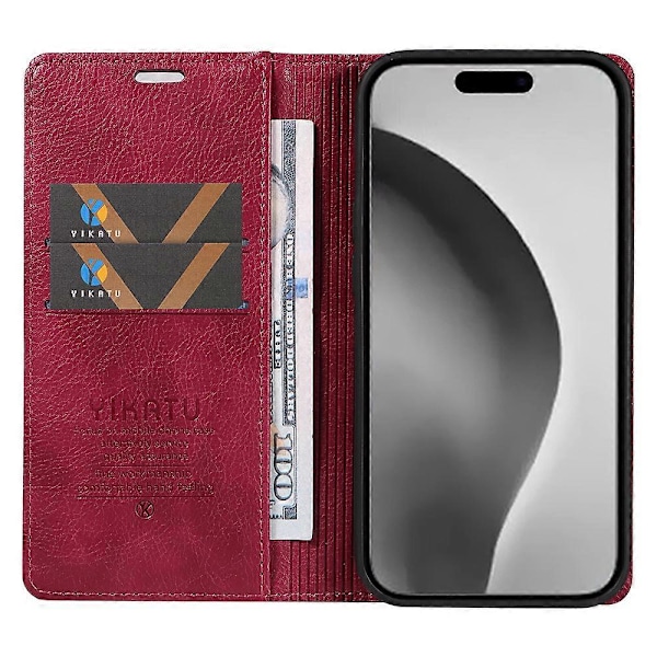 Plånboksfodral för iPhone 16 Pro Max med Magnetisk Stängning i Läder Wine Red