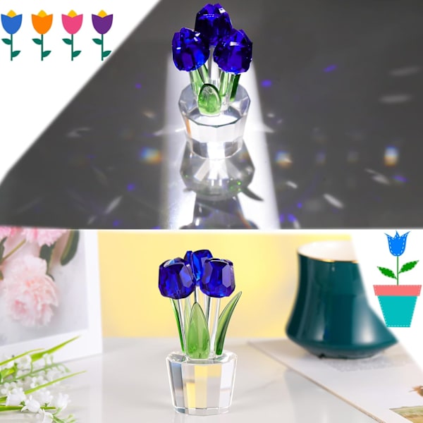 Krystall Tulipan Blomsterbukett Figur Samleobjekter Gaver til Kvinner, Glass Blomster Midtstykke Ornamenter til Jul Bursdag med 3 Blomster Blue