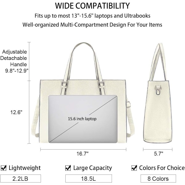Dametasker til Laptop Vandafvisende Let Læder 15,6 Tommer Computer Taske Business Kontor Aktetaske Stor Kapacitet Håndtaske Skuldertaske Beige