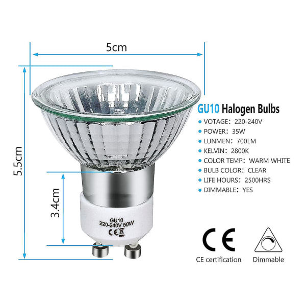 Förpackning med 8 Gu10 halogenlampor 35w,220v Gu10 halogenstrålkastare 2800k varm med