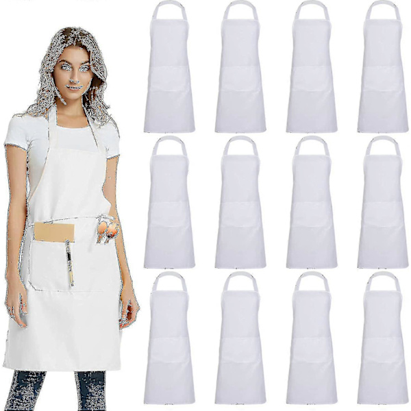 12-pack enfärgade förkläden med 2 fickor - Svart Unisex Kommersiella Förkläden Bulk A White