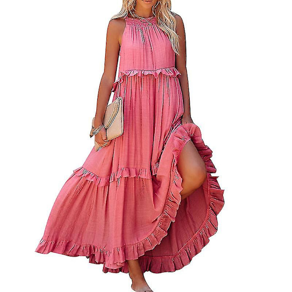 Halterneck Ärmlös A-linje Klänning för Dam, Casual Lång Strandklänning Pink XL