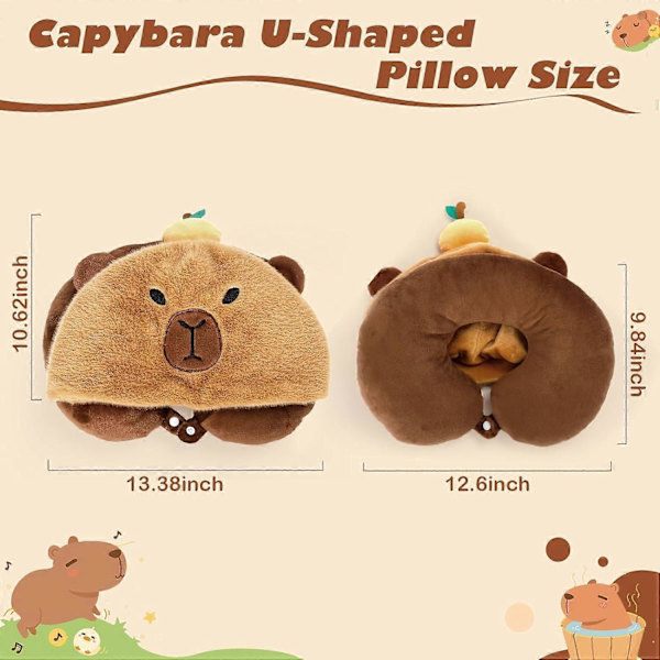 Capybara U-formad Resepillow med Huva, Nacke Stöd Plush Pillow, Huvad Sovtillbehör Nacke Hakstöd Fylld Djur Kudde för Flygplan
