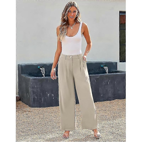 Bukser med brede ben til damer, højtaljede business casual bukser Khaki XL