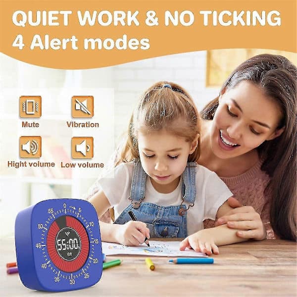 Visuell Timer for Barn, Digital Timer med 60-Minutters Nedtelling, Stille Timer for Skrivebordsklokke for